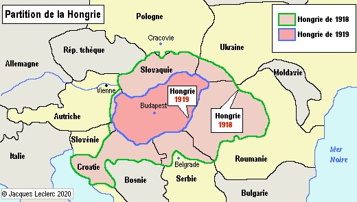 Carte représentant l’évolution du territoire de la Hongrie à la suite du traité de Trianon